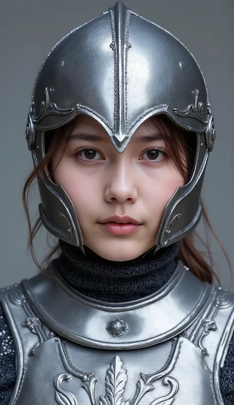 neat young woman wearing luxurious silver armor、、female knight、wears a helmet on his head、full-face helmets、、、looking at camera、looking directly in front、、、face close-up、grey background、