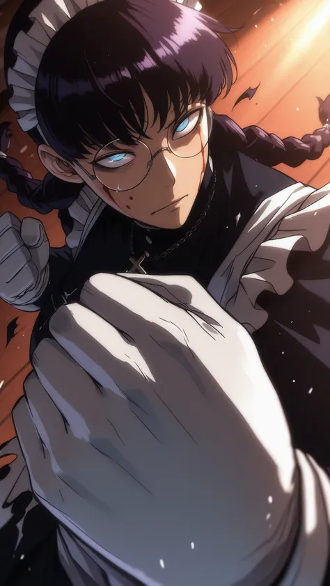 roberta, broken round glasses, blue eyes, wide eyes, maid, black hair, twin braids, dark purple hair, long sleeves, torn clothes, ripped up maid clothes, cross, white gloves, we can't see her eyes behind her glasses, blood on her face, blood, stoic face, b...