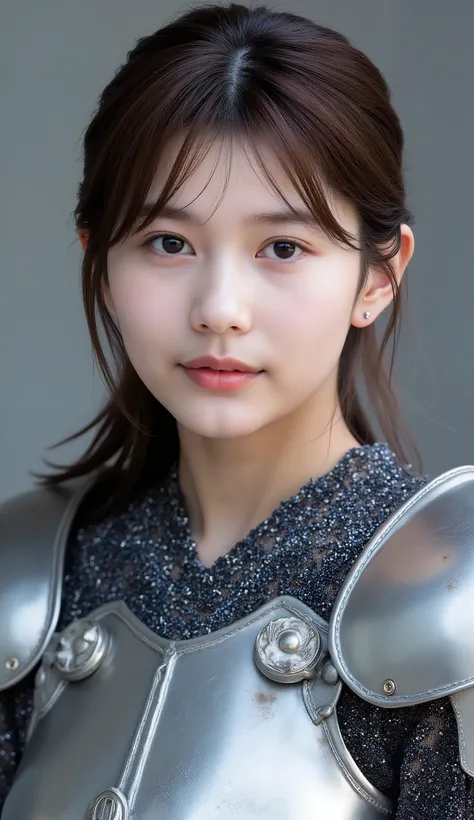 neat young woman wearing luxurious silver armor、、female knight、、漆黒の髪、、ear piercings、looking at camera、looking directly in front、、口を閉じている、への字口、、、face close-up、grey background、