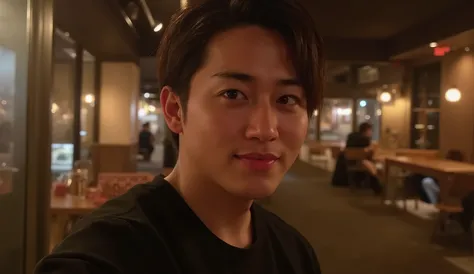 A handsome Japanese man, alone. His body is turned to the side in a natural, realistic posture while his face turns toward the camera. His face is close to the viewer, filling most of the frame. His lips are slightly parted, but not smiling at all—a cool, ...