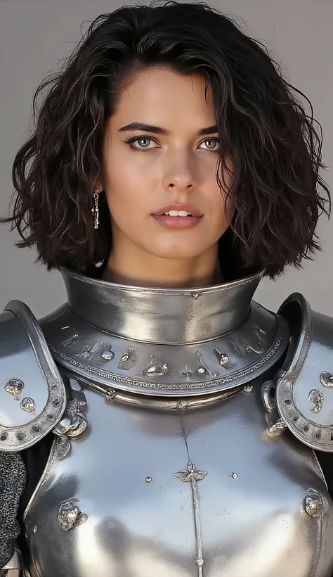 neat young woman wearing luxurious silver armor、、female knight、、、ear piercings、looking at camera、looking directly in front、前髪あり、、、歯を見せた笑顔、、、face close-up、grey background、
