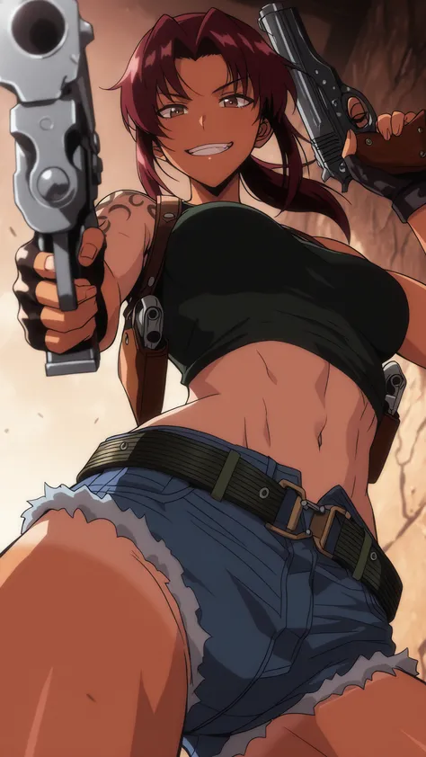 blacklagoonrevy, revy, tan, plum hair, brown eyes, shoulder tattoo, ponytail, dark green tank top, crop top, shoulder holster, black gloves, fingerless gloves, blue shorts, denim shorts, cutoffs, short shorts, Detached belt, midriff, Athletic body, toned b...