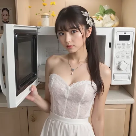 and she stands in the center of it {x} Japanese top gravure beauty idol standing in microwave:1.5、The microwave door is wide open、with the entire microwave in the composition、perfect style slim, slender body、standing in the teacher's house、BREAK,　16K Photo...