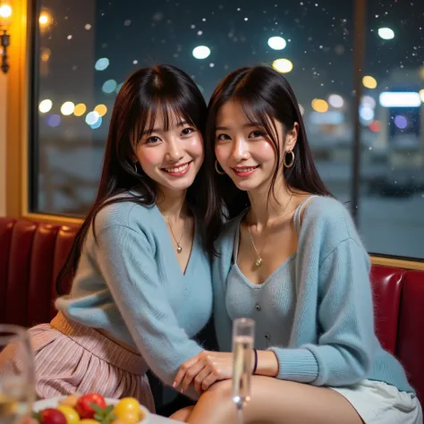 Two beautiful Japanese idols relaxing at an urban hideaway bar、Pastel blue mohair knit and A-line skirt、VIP room with a retro-modern interior、A relaxing space with jazz、Champagne and fruit placed on the table、Night view of snow seen from a large window、A f...