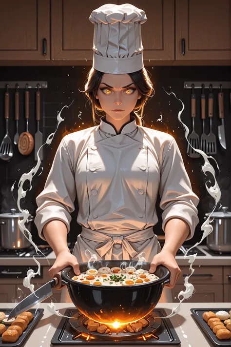 high quality, masterpiece, best quality, middle-aged chef, ordinary appearance, wielding kitchen knife, mystical aura, concentrated expression, professional chef uniform, kitchen background, steam rising, ingredients floating, magical cooking effects, dram...