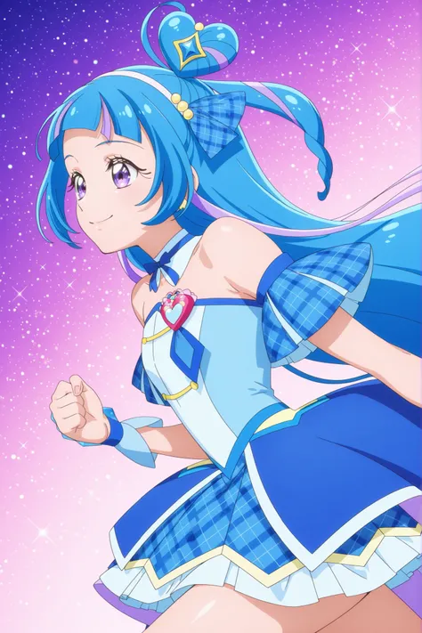 cure wink, kimi to idol precure, blue hair, magical girl, mini crown, purple eyes, blue dress, tilted headwear, very long hair, blunt bangs, bare shoulders, hairband, two-tone hair, purple hair, jewelry, idol clothes, masterpiece, best quality, anime, sour...