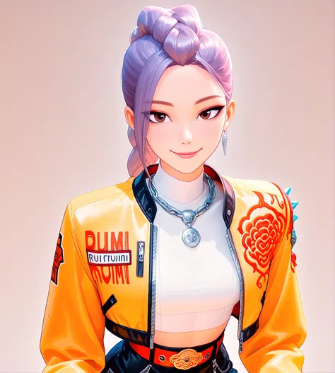 (Meisterwerk), (best quality), Rumi \(Kpop Demon Hunter\), (Rumi_kdh), (Anime-Screencap), 32K, 1 girl, Allein, (looking at the viewer), (genauer Stil), body marks, Zopf, Zopfed ponytail, Kette, lange Haare, lila Haare, Zopfed hair, braune Augen, large, Ohr...