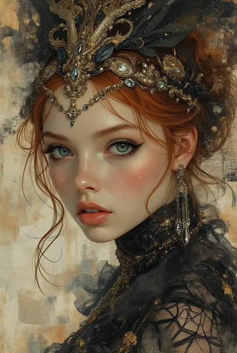 WLOP masterpiece, aerial overhead shot, 3/4 view, full face view, close up of a young ginger haired woman, action pose, open lips, dreamy gothic girl, empathic blue eyes, double exposure, elegant render, mistress, photoshop render, ebony rococo, elegant gi...