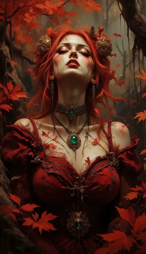 The image is a romantic portrait in fantastic style depicting a woman in an autumnal forest. The woman, of long wavy red hair, Her fair skin, She wears an intense red dress with bare shoulders, Gothic style, revealing a beautiful necklace with a beautiful ...