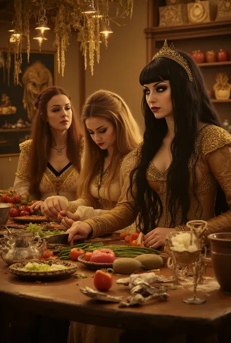 Masterpiece, best quality, hugebig bosoms, black smoky eyeshadow, heavy eyelashes, extremely long hair with bangs, A Norse goddess and a Roman goddess collaborate in a warm, golden kitchen, amidst traditional cooking utensils and ingredients, Frigg the A...