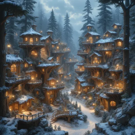 midjourney, fairy tales,A snowy forest at night, filled with Christmas treehouse–style wooden cabins forming a magical Christmas town. The hideaways blend seamlessly into giant trees, built from natural materials with organic, curved designs. Snow-covered ...