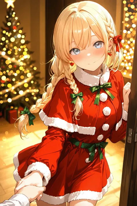 masterpiece, high quality, ultra-detailed, super high resolution, bokeh, 1 girl, solo, long hair, only single braid hair, blonde hair, reach out, holding someone's hand, blue eyes, blush, x-mas, christmas, ((cute)) santa dress