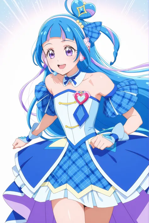 cure wink, kimi to idol precure, blue hair, magical girl, mini crown, purple eyes, blue dress, tilted headwear, very long hair, blunt bangs, bare shoulders, hairband, two-tone hair, purple hair, jewelry, idol clothes, masterpiece, best quality, anime, sour...
