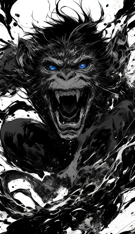 black、black、black、blackい背景、力強く勢いのあるblackい線画、blackの濃淡で表現する、A monkey that threatens by showing its fangs、whole、high detail、cross hatching、High Quality、high image quality、Osmudging Outline、流れるblack、masterpiece、Correct Body