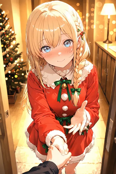 masterpiece, high quality, ultra-detailed, super high resolution, bokeh, 1 girl, solo, long hair, only single braid hair, blonde hair, reach out, holding someone's hand, blue eyes, little embarrassed:0.7, blush, x-mas, christmas, ((cute)) santa dress, POV,...