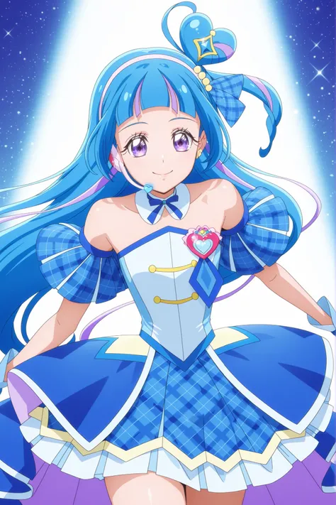 cure wink, kimi to idol precure, blue hair, magical girl, mini crown, purple eyes, blue dress, tilted headwear, very long hair, blunt bangs, bare shoulders, hairband, two-tone hair, purple hair, jewelry, idol clothes, masterpiece, best quality, anime, sour...