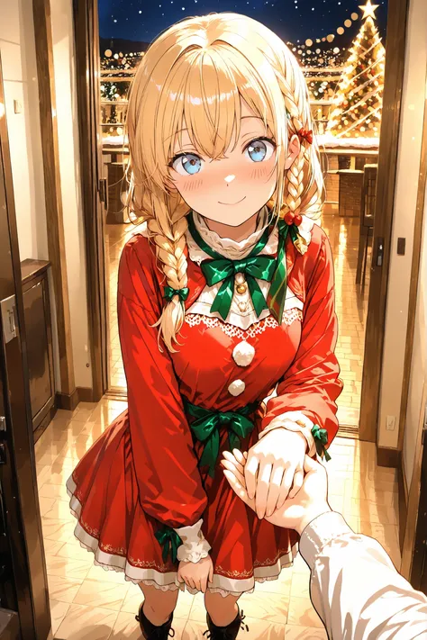 masterpiece, high quality, ultra-detailed, super high resolution, bokeh, good hand, natural hand, 1 girl, solo, long hair, only single braid hair, blonde hair, reach out, holding someone's hand, blue eyes, little embarrassed: 0.5, x-mas, christmas, ((cute)...