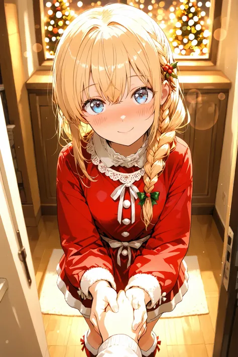 masterpiece, high quality, ultra-detailed, super high resolution, bokeh, 1 girl, solo, long hair, only single braid hair, blonde hair, reach out, holding someone's hand, blue eyes, little embarrassed:0.5, ツンデレ, x-mas, christmas, ((cute)) santa dress, POV, ...