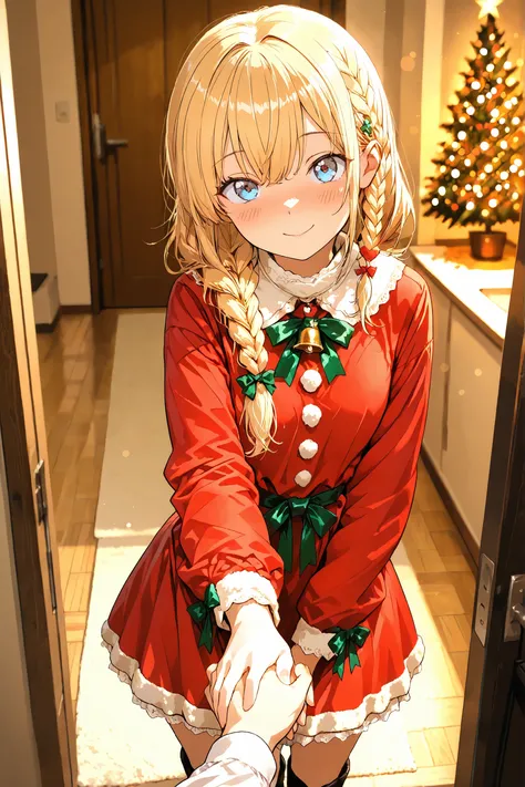 masterpiece, high quality, ultra-detailed, super high resolution, bokeh, good hand, natural hand, 1 girl, solo, long hair, only single braid hair, blonde hair, reach out, holding someone's hand, blue eyes, little embarrassed: 0.7, sulky:0.5, x-mas, christm...