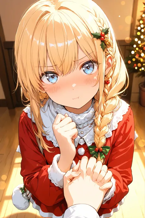 masterpiece, high quality, ultra-detailed, super high resolution, bokeh, 1 girl, solo, long hair, only single braid hair, blonde hair, reach out, holding someone's hand, blue eyes, little embarrassed:0.7, ツンデレ, slightly pout:0.7, x-mas, christmas, ((cute))...