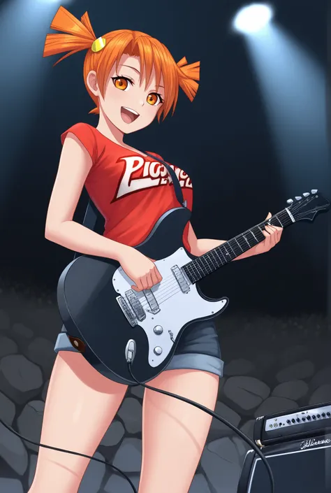 FAlisaF, orange hair, orange eyes, two pigtails, looking at viewer, rock concert, rocker chick, rocker clothes, electric guitar, bottom view, black metal concert, 