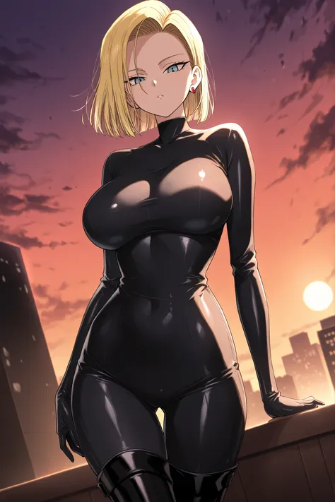   one girl , Alone, Android 18,   black latex bodysuit  ,   black boots、black thigh boots, black tights、evil, dusk, solo, looking at the viewer, very beautiful, elegant, Masterpiece, top quality, So Aesthetic , anime screen capture , Big Breasts, seductive...