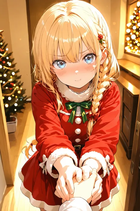 masterpiece, high quality, ultra-detailed, super high resolution, bokeh, 1 girl, solo, long hair, only single braid hair, blonde hair, reach out, holding someone's hand, blue eyes, little embarrassed:0.7, ツンデレ, slightly pout:0.7, x-mas, christmas, ((cute))...
