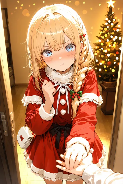 masterpiece, high quality, ultra-detailed, super high resolution, bokeh, 1 girl, solo, long hair, only single braid hair, blonde hair, reach out, holding someone's hand, blue eyes, little embarrassed:0.7, ツンデレ, pout:0.6, x-mas, christmas, ((cute)) santa dr...
