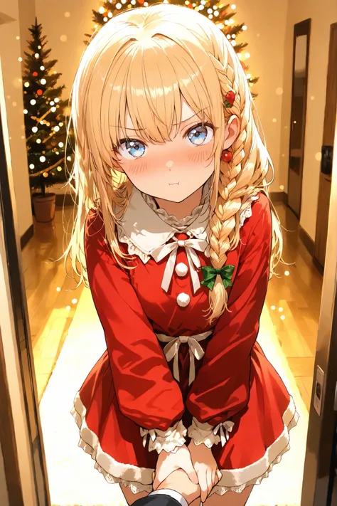 masterpiece, high quality, ultra-detailed, super high resolution, bokeh, 1 girl, solo, long hair, only single braid hair, blonde hair, reach out, holding someone's hand, blue eyes, little embarrassed:0.7, ツンデレ, slightly pout:0.7, x-mas, christmas, ((cute))...