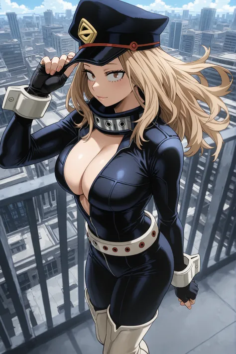 score9_up, score8_up, score7_up, 1girl, solo, alone, masterpiece, best quality,  camie, long hair, brown hair, brown eyes, peaked cap, blonde hair, large breasts, boku_no_hero_academia, hat, open bodysuit, superhero, cleavage, black bodysuit, bodysuit, whi...