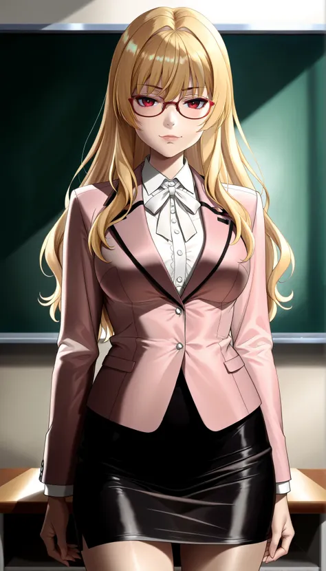 animescreencap ,yue(arifureta), 1girl, blonde hair, solo, long hair, bangs, hair ,red eyes, adult style ,glasses ,school teacher ,pink blazer,,buttoned blazer,pencil skirt ,black skirt, white blouse ,white neck ribbon ,  seductive face ,closed mouth ,rouge...