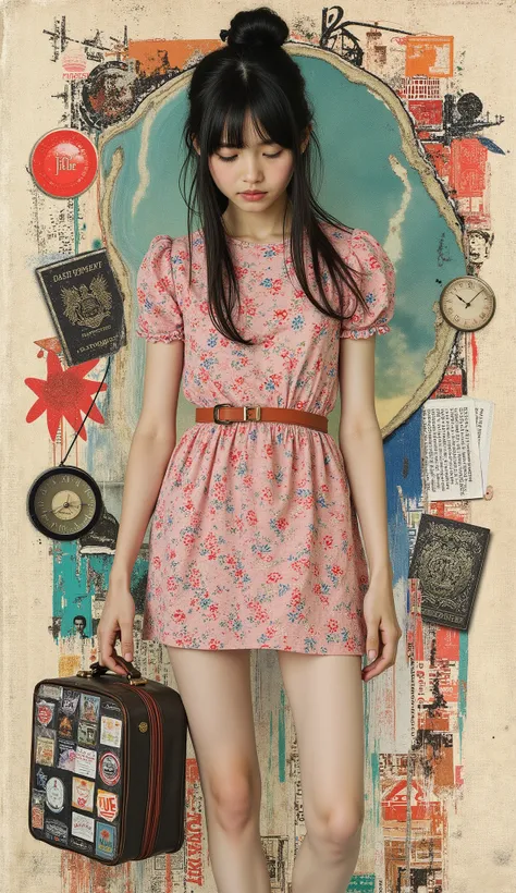 collage art, surrealism, reminiscent of the jet lag, Combining a minimalist profile with blended identity, full body shot. a scrawny petite delicate thin 14yo traveling girl, hair bun, no makeup, stylish simple dress with Liberty print. she has a vintage t...