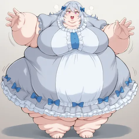 reine von silford, blue-grey hair, long hair, pink eyes, 1girl, bow, solo, smile, blue bow, short sleeves, open mouth, hair bow, puffy sleeves, dress, puffy short sleeves, breasts, fat, chubby, obese, fat neck, multiple chins, big breasts open mouth, out o...