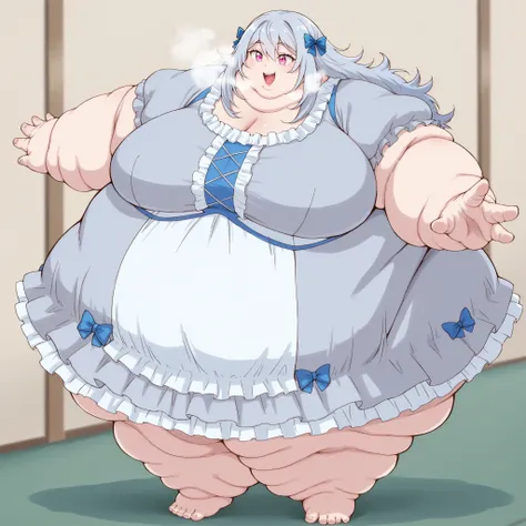 reine von silford, blue-grey hair, long hair, pink eyes, 1girl, bow, solo, smile, blue bow, short sleeves, open mouth, hair bow, puffy sleeves, dress, puffy short sleeves, breasts, fat, chubby, obese, fat neck, multiple chins, big breasts open mouth, out o...