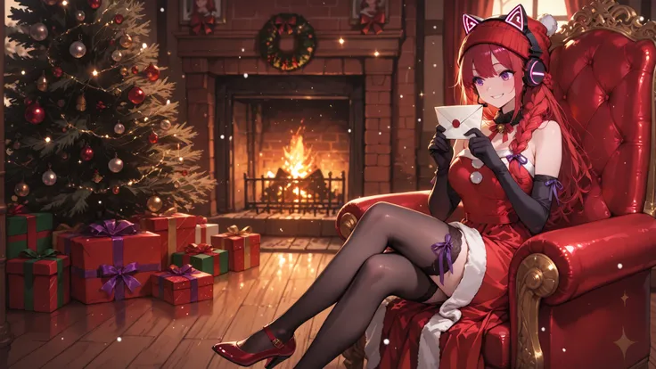 Frontal angle, (masterpiece, 4k, ultra-detailed, vivid and vibrant colors), {Jessy}:(a beautiful and attractive woman, long red hair, purple eyes, wearing a cat-ear headset and a red beanie with a white pompom on the end, falling to the side of her face, h...