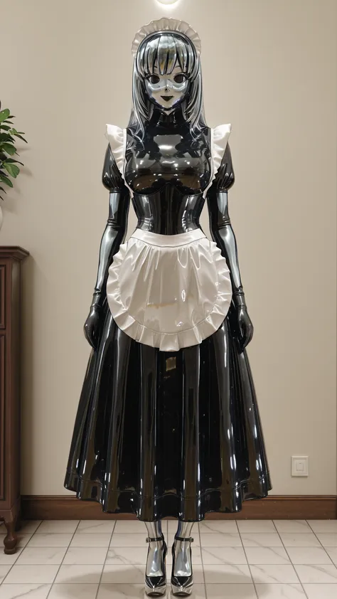 maniajuns, chrome skin, black lenses,shot hair, happy,latex,maid,gothic,black latex long skirt,small tight corset,small tight waist,long high collar, Wide Skirt,black latex long puffed sleeves,black latex long gloves,white latex big apron, full body, 1 gir...