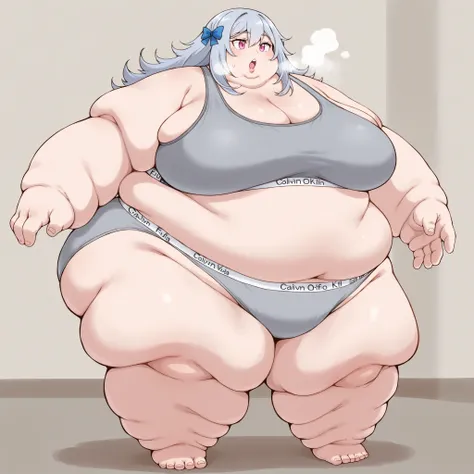 reine von silford, blue-grey hair, long hair, pink eyes, 1girl, bow, solo, hair bow, grey sports bra,spors bra,grey sports panties,sports panties,calvin klein, breasts, fat, chubby, obese, fat neck, multiple chins, big breasts open mouth, out of breath, La...