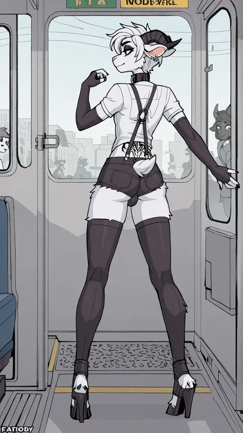 Art, Solo focus on one character with shady crowd, High Quality, View at Back, Anthropomorphic, Furry, Furry goat, femboy, tomboy femboy mix, black hooves, black nails, white fur, short white hair, flat chest, curvy, long legs, curved back black goat horns...
