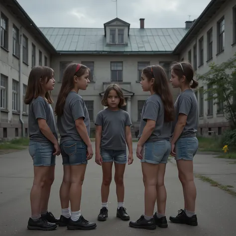 Prompts
Ultra-realistic photograph. Five serious 8-year-old girls standing together and talking in the courtyard of an old, abandoned school building. They wear gray t-shirts, short denim shorts, and black shoes. Their expressions are neutral and natural. ...