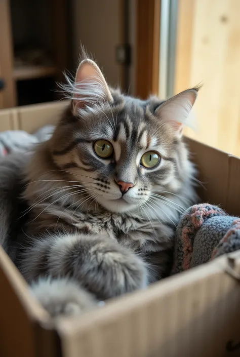 The highest Quality, Greatest masterpiece, highly detailed, photorealistic, Gray fluffy tabby cat rests in an old cardboard box. Tattered, You can see a torn blanket in the corner of the box. Warm daytime sunlight penetrates through the window and hits the...