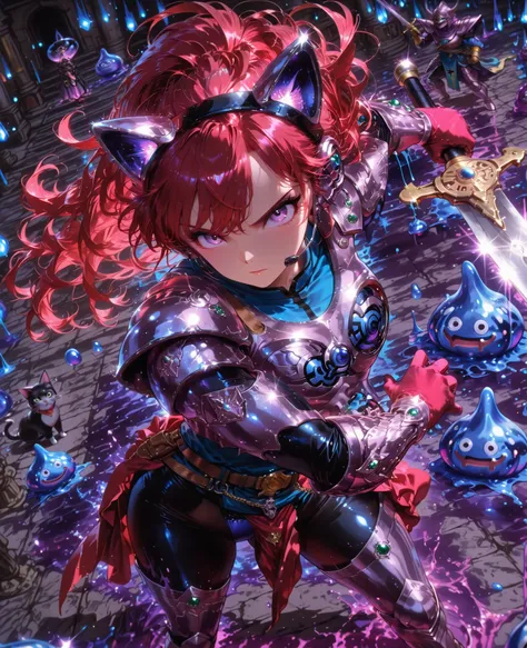 Frontal angle, close-up, (masterpiece, 4K, ultra-detailed, vivid and vibrant colors), {Jessy}: (a beautiful and attractive woman with long red hair and purple eyes, wearing a headset with cat ears, wearing beautiful armor inspired by the Dragon Quest game,...
