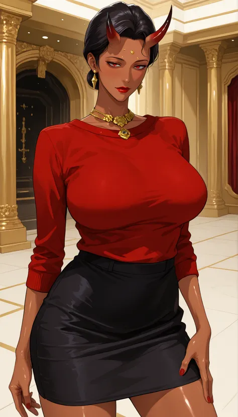 Mature woman, six red gradient horns, glossy skin, wavy black hair, short hair, swept back hair, slicked back hair, red eyes, red bindi on forehead, big breasts, soft breasts, red lips, red blush, posing, slim body, (brown skin), wearing red sweater, black...