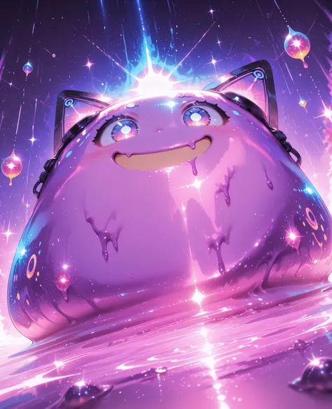 Frontal angle, close-up, (masterpiece, 4K, ultra-detailed, vivid and vibrant colors), {Jessy}:(A friendly purple slime, wearing cat ear headsets, with a big, contagious smile.), a magical background, like a well-lit retro video game with shadows.