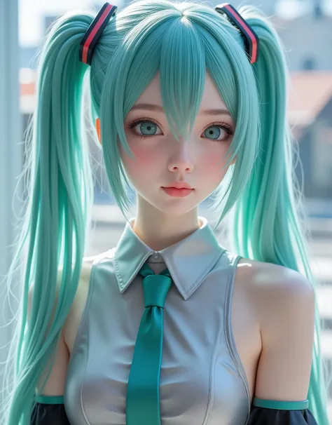 Hyperrealistic Close Up by Hatsune Miku, With turquoise hair, with long twin pigtails, her face is beautiful with large expressive turquoise eyes, your skin as light as the Porcelain shows a subtle blush on her cheeks and a touch of pink on her lips, Your ...