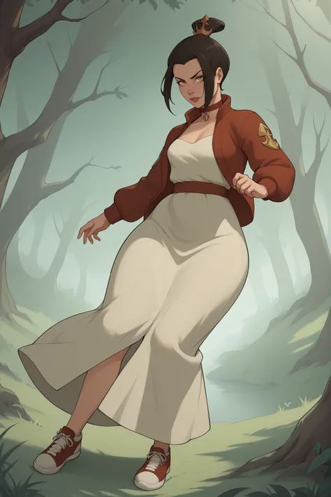 Azula , amber eyes . wavy dark brown hair strands above her shoulders. short hair. small breasts. huge hips. choker. | A lone figure trudges sideways along a misty forest path in a dark fantasy realm. They wear a flowing long skirt and a cozy oversized ca...