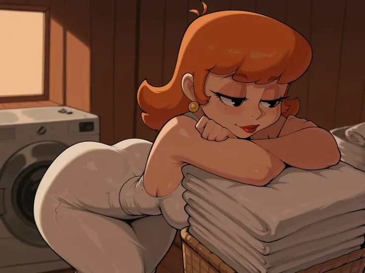 dextersmom, mature female, short hair, slightly curly hair, ginger, black eyes, big eyes, long eyelashes, medium breasts, rounded breasts, narrow waist, thick thighs, huge hips, fair skin, thin hands, earrings, makeup, red lips, lipstick.| A hotel maid asl...