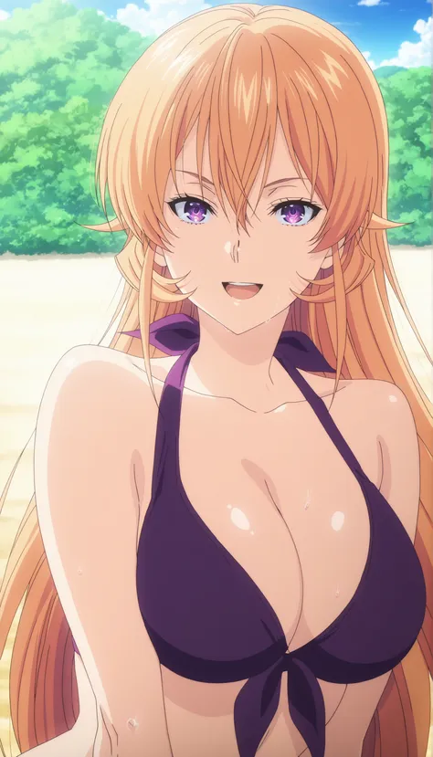 <lora:Erina_Nakiri_-_Food_Wars_-_waiNSFW:1>, anime coloring, source_anime, hires image, masterpiece, best quality,   newest, masterpiece, best quality, 4k, 1girl, long hair, orange hair, purple eyes, hair between eyes, purple bikini,,,,, swimsuit, bikini, ...
