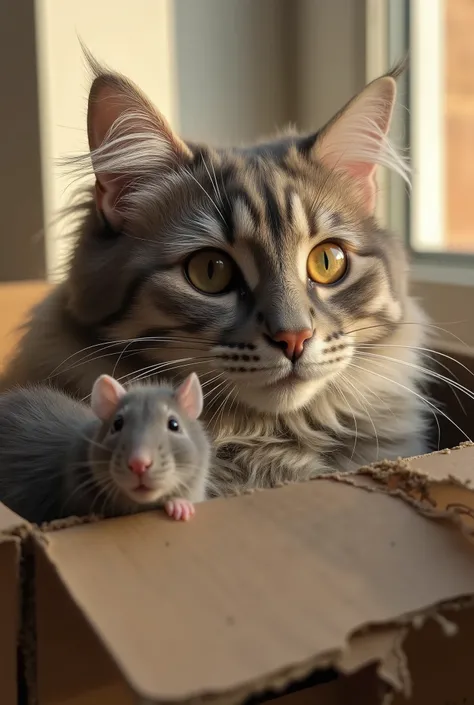 The highest Quality, The greatest masterpiece, highly detailed, photorealistic, two animals in the frame: a gray fluffy tabby cat and a cute little rat, both resting in an old cardboard box. Tattered, You can see a torn blanket in the corner of the box. Wa...