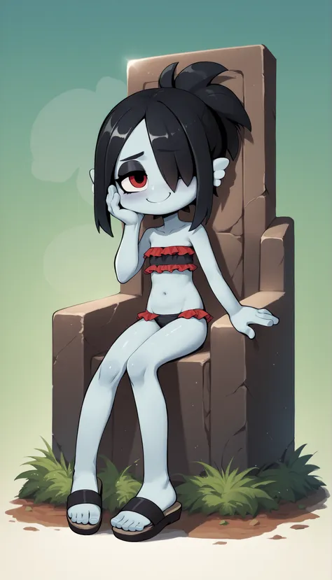 score_9, score_8_up, score_7_up, source_anime, 1girl, solo, monster girl, deep black hair, spiky pointed bangs, pointed spiky topknot ponytail, red eyes, narrowed eyes, hair covering one eye, grey skin, four fingers, ((black bundeau strapless frilly bikini...