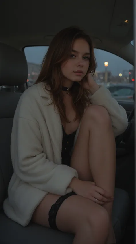 A young woman with long red hair, fair skin and soft makeup sits in the backseat of a car at night. She wears a large, luxurious light-colored fur coat, holding the collar with one hand and showing silver rings. One leg is slightly exposed, wearing a subtl...